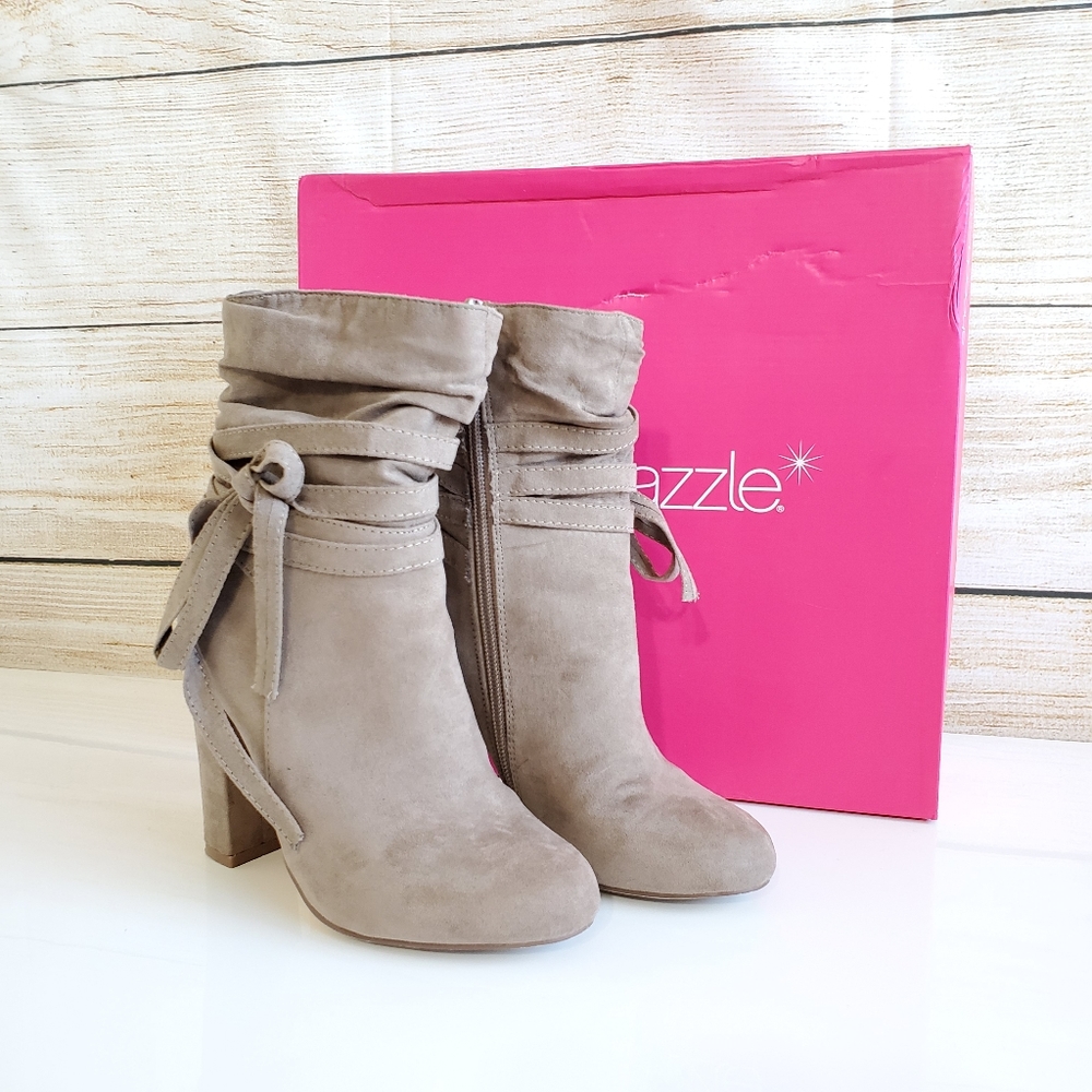 Shoe Dazzle "Shena" Suede Tie Heeled Boots 5.5